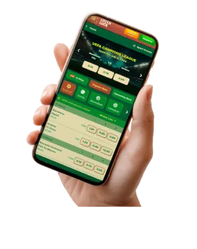 Hand holding a phone with the Green Luck live betting screen